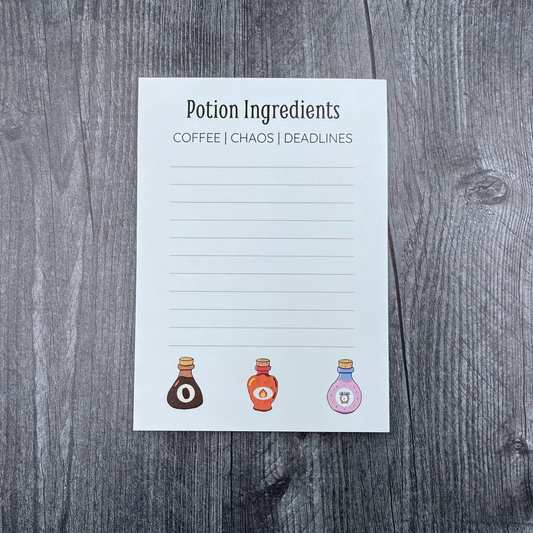 Potion Ingredients: Coffee, Chaos, & Deadlines - 5x7 Notepad