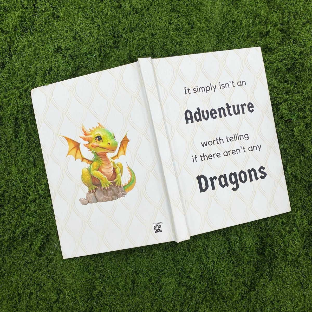 Open cream hardcover journal showing a small green baby dragon perched on a rock on the back cover, with the dragon quote on the front cover.
