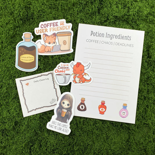 Potion Ingredients notepad, Daily Chaos Log sticky note, and four coffee stickers (potion bottle, fox, dragon, reaper) on green moss.