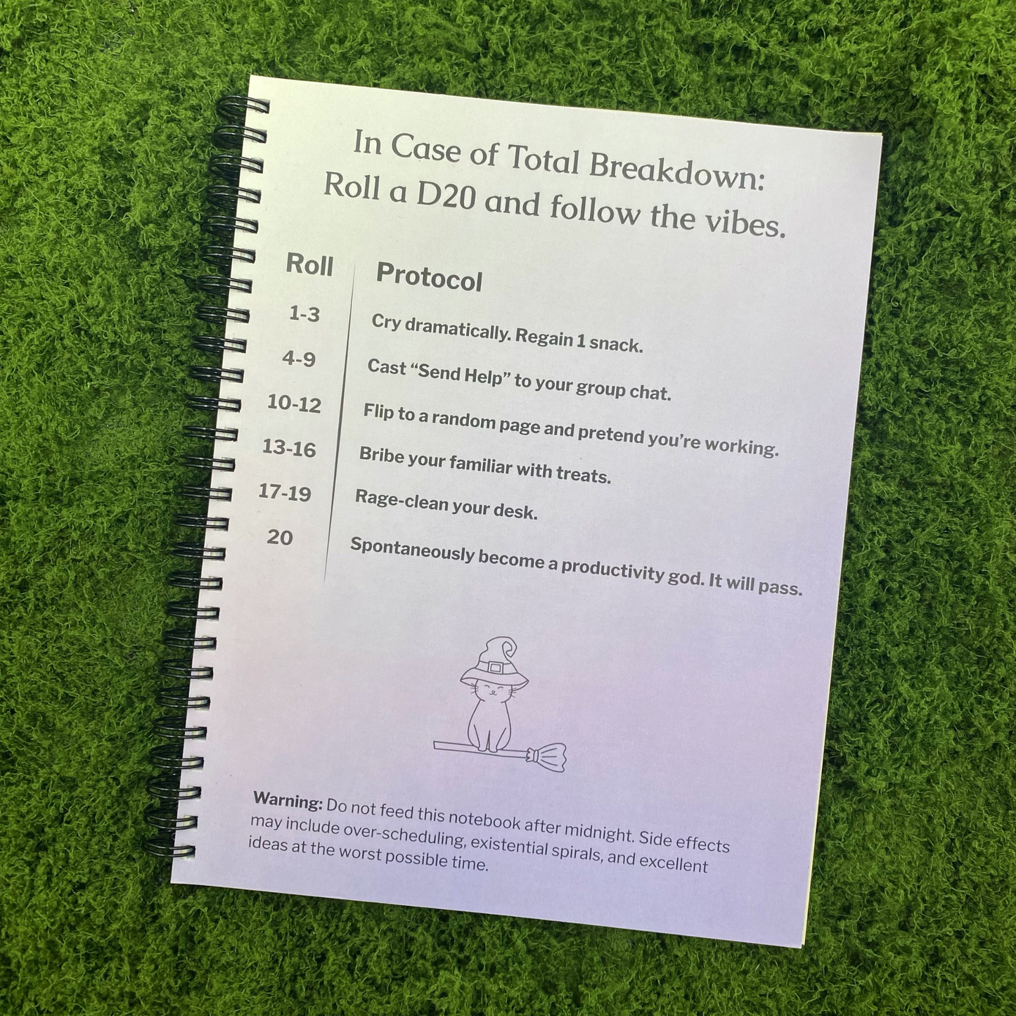 Inside back cover reading "In Case of Total Breakdown: Roll a D20 and follow the vibes," with a roll chart of protocols like "Cry dramatically. Regain 1 snack" and "Rage-clean your desk," and a small witch cat illustration.