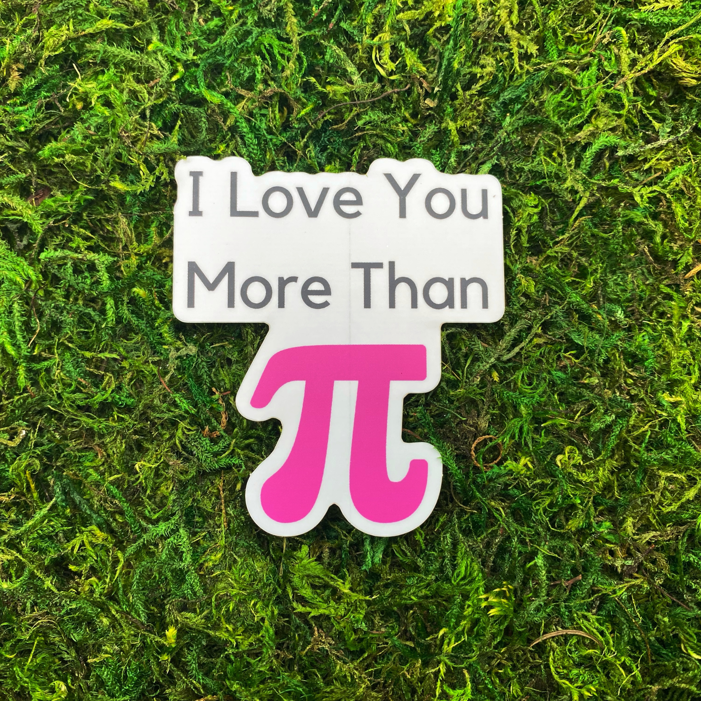 A sticker reading "I love you more than" above a large pink pi symbol, resting on artificial moss.