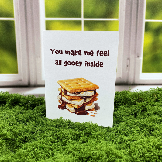 Greeting card that reads "You make me feel all gooey inside" above an illustration of a stacked s'more with melted chocolate dripping down the sides, standing upright on a moss surface in front of a white-framed window.