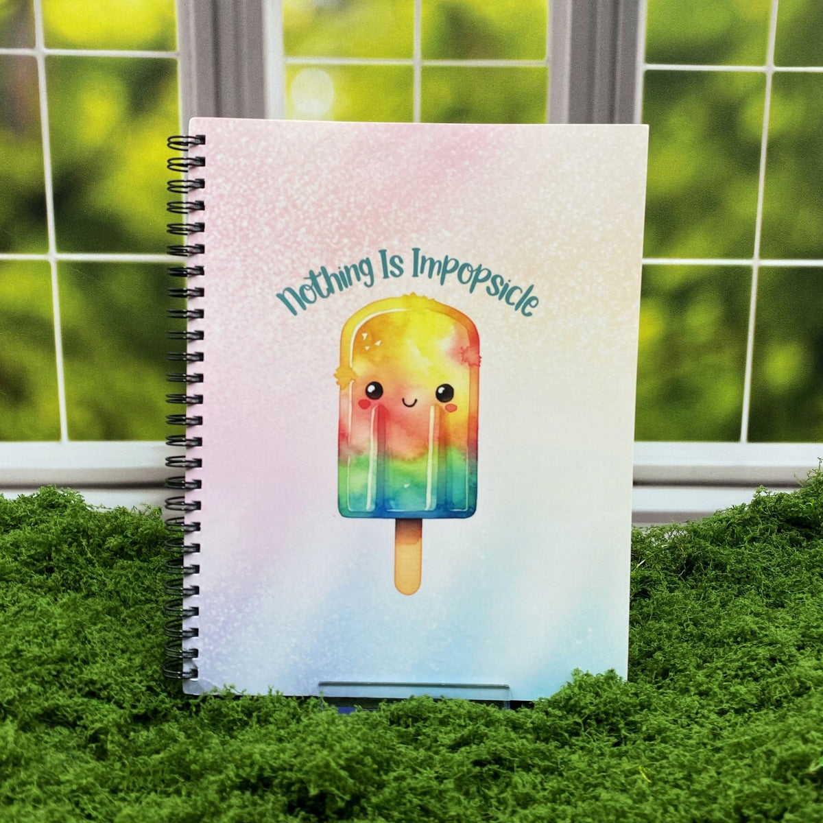 Spiral-bound notebook with a pastel gradient cover featuring a smiling kawaii rainbow popsicle and text reading 'Nothing is Impopsicle,' displayed on a moss mat with a window backdrop.