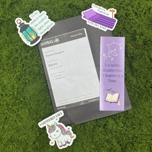 A Lootbug Lab mystery bag with a starter surprise card showing the contents, surrounded by sample stickers and a bookmark on a green moss surface